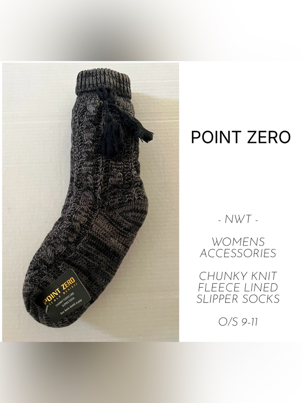 POINT ZERO - O/S 9-11 - NWT - WOMENS BLACK / GREY CHUNKY KNIT SLIPPER SOCKS